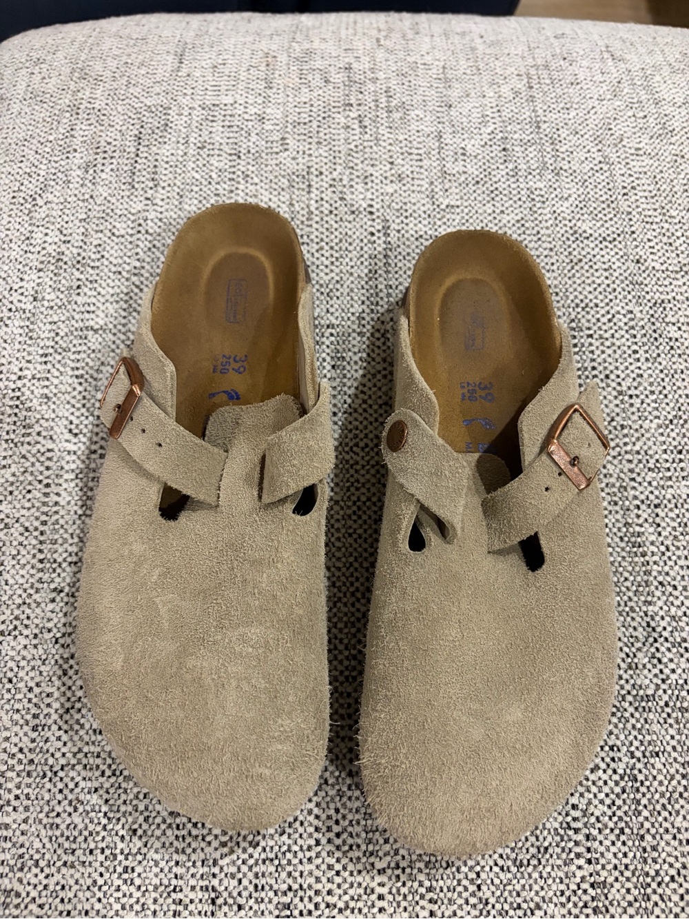 Birkenstock Boston Soft Footbed Suede Clogs in Taupe size 8